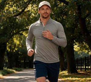 Model wearing Dry Fit Athletic 1/4 Zip Sweatshirt while running outdoors