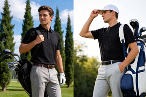 A golfer wearing Maelreg’s Everyday Solid Jersey Polo (left) and Everyday Jersey Henley Shirt (right) in a scenic golf course setting, showcasing stylish golf apparel for both business and leisure activities.