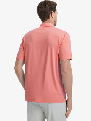 Back view from waist up showing the fit of PEACH PINK 4 Way Stretch Jacquard Polo on model