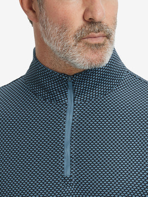 Close-up of collar area on jacquard quarter zip pullover in black/blue, highlighting refined jacquard detail.