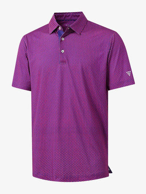 3D view of MAELREG Performance Jersey Print Polo in Purple Red Buffalo – breathable golf fabric