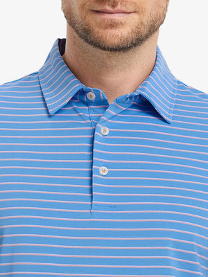 Front chest close-up of SKY BLUE/PINK STRIPE Polo with soft pastel yarn-dyed stripes
