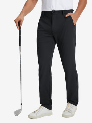 Soft lightweight casual golf pants with 5 pockets in black, front lower-body view with relaxed fit.