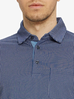 Model front view from nose to chest in NAVY Elegant Performance Jacquard Polo