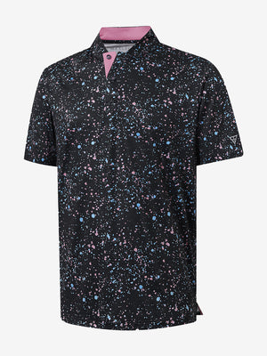 3D view of black splatter stretch printed collarless henley golf shirts.