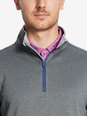 Front view from nose to chest, model wearing GREY MELANG Moisture Wicking Quarter Zip Pullover.