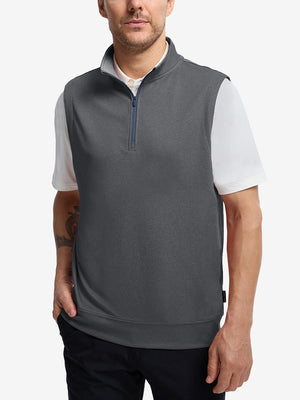 Upper body front view of model wearing black melange lightweight sleeveless quarter zip golf vest