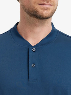 Front view from nose to chest wearing Everyday Collarless Jersey Shirt in BLUE.