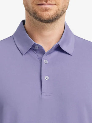 Close-up front (nose to chest) of Everyday Solid Jersey Polo in LAVENDER, showing soft fabric texture.