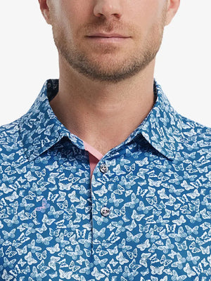 MAELREG Men's Performance Jersey Print Polo – Front chest view in Blue White Butterfly