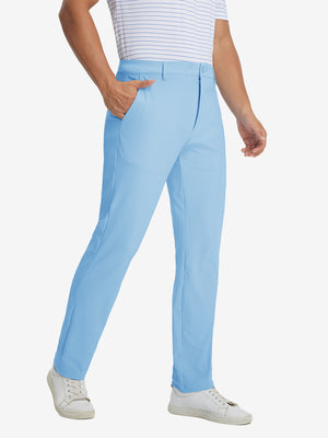 Soft lightweight casual golf pants with 5 pockets in light blue, front lower-body view with relaxed fit.