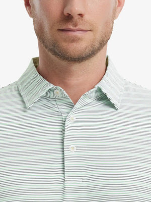 Olive Green Beryl Green Performance Stripe Golf Shirt – close-up front from model’s nose to chest
