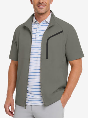 Model front upper body portrait display, lightweight upf50+ short sleeve golf vests jacket in khaki grey