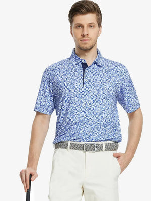 MAELREG Men's Performance Jersey Print Polo in Blue White Mosaic – front half-body with golf pose