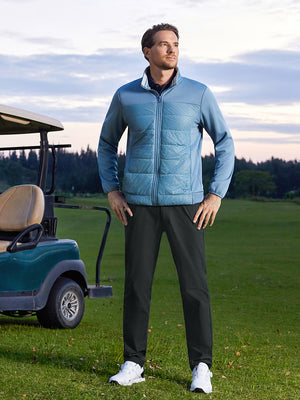 Model standing hands on hips on course, water-resistant fleece lined pants in dark grey