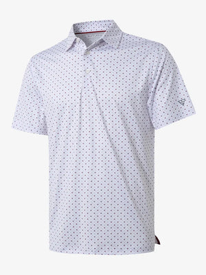 3D view of WHITE GEO Performance Quick Dry Print Golf Polo showing texture and fit.