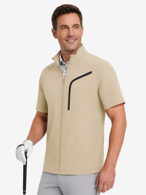 Upper body wearing view on model, lightweight upf50+ short sleeve golf vests jacket in black