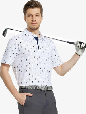 MAELREG Men's Performance Jersey Print Polo in Check Golf Tee – front half-body with golf pose