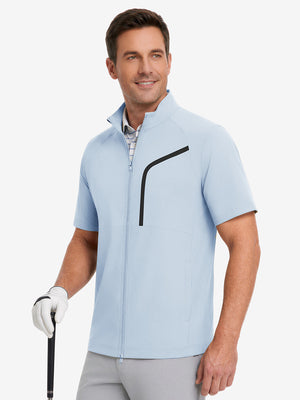 Upper body wearing view on model, lightweight upf50+ short sleeve golf vests jacket in light blue