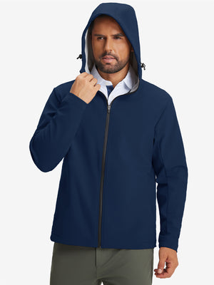 Model wearing water-resistant heat-tech softshell winter jacket with hood, navy, front upper-body.