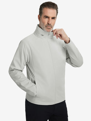 Model wearing the lightweight water-repellent softshell hooded jacket, glacier grey, front upper-body outdoor style.