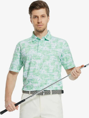 MAELREG Men's Performance Jersey Print Polo in Light Green Leaf – front half-body with golf pose