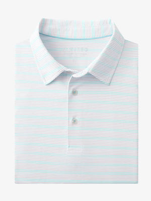Folded Light Pink Aqua Blue Stripe Performance Stripe Golf Shirt displayed flat
