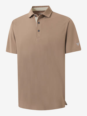 3D render of the light brown ventilated pique performance polo, displaying the garment structure and design clearly