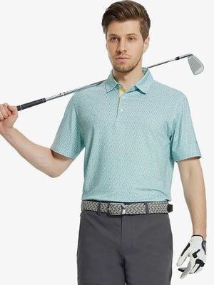 MAELREG Men's Performance Jersey Print Polo in Green White Fish – front half-body with golf pose