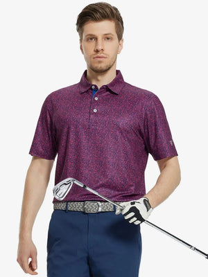 MAELREG Men's Performance Jersey Print Polo in Navy Rose Abstract – front half-body with golf pose