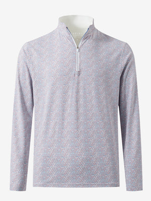 3D front view of the full print quarter zip pullover in colorful hexagon, showcasing bold and modern style.