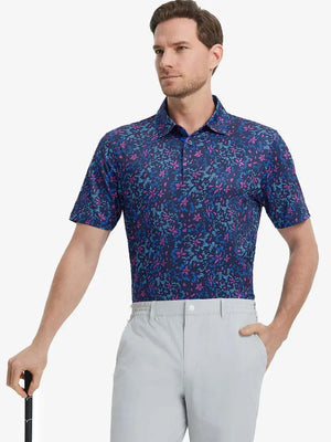 MAELREG Men's Performance Jersey Print Polo in Navy Colorful Flower – front half-body with golf pose