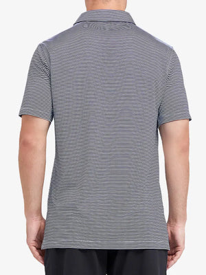 Rear half-body shot of Cooling Stripe Golf Shirt in NAVY STRIPE, showcasing stripe alignment and fit