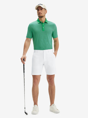 Full-body front view of model wearing the white stretch soft flat front dress golf shorts for a complete look