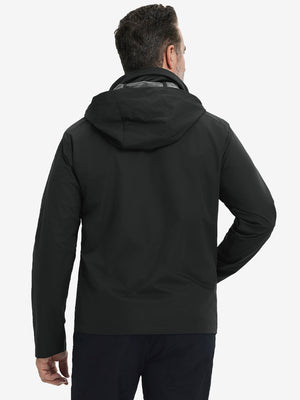 Back view of model in lightweight water-repellent softshell hooded jacket showing fit and structure in black.