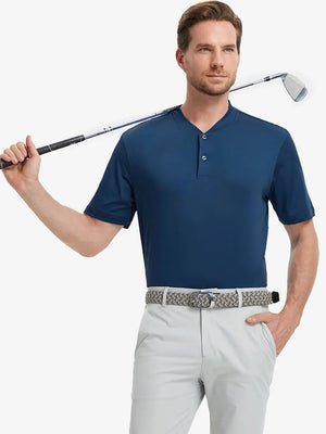 Front half-body view holding a golf club in Everyday Collarless Jersey Shirt in BLUE.