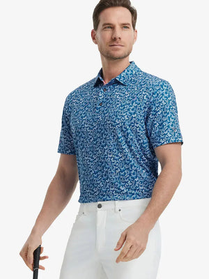 MAELREG Men's Performance Jersey Print Polo in Blue White Butterfly – front half-body with golf pose