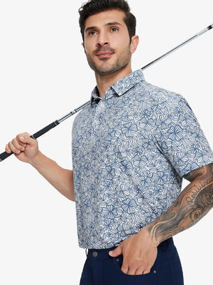 Half-body front view of model holding golf club wearing STERLING GREY FLOWER Popular Heather Print Polo