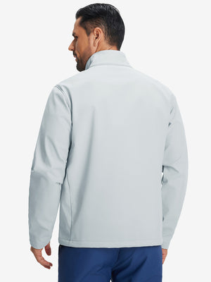Back view of winter thermal outdoor water resistant fleece jacket showing smooth fleece texture in light gray
