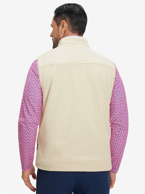 Model's upper body back view wearing khaki windproof fleece reversible golf vest.