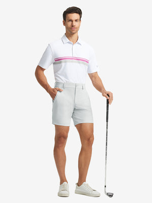 Full-body shot of model holding golf club, styled with Glacier Grey Quick Dry Casual Shorts.