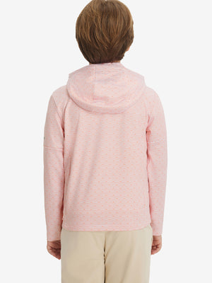 Back upper body view of model wearing youth full print stylish hoodies pullover, orange sea wave.