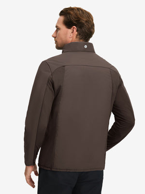 Back upper body shot of model wearing coffee brown warm puffer winter golf jacket