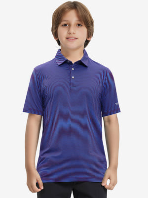 Front half-body shot of youth in plum blue stripe performance cooling polo, highlighting design and fit