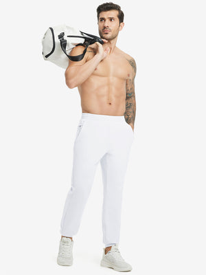 Full body front view of model wearing Water Resistant Comfy Fleece Golf Joggers in white