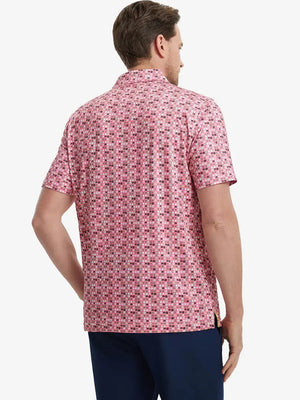 Back view of MAELREG Men's Performance Jersey Print Polo in Pink Donut – athletic fit