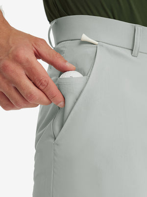 Detail shot of the side pocket on the light grey stretch soft flat front dress golf shorts, showing functionality