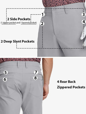 Detail view highlighting all 8 pockets front and back on LIGHT GREY Water Resistant Versatile 8 Pockets Shorts.