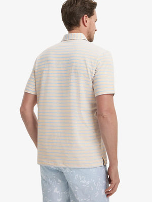 Back view of model in Orange Blue Stripe Performance Stripe Golf Shirt