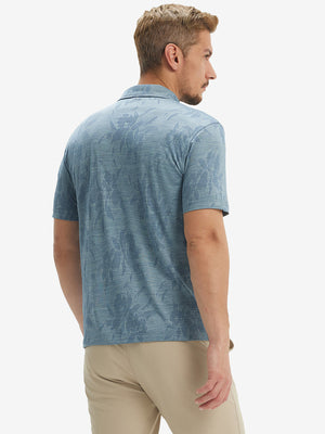 Back waist-up shot of model wearing blue flower breathable jacquard pattern 3-button golf polo